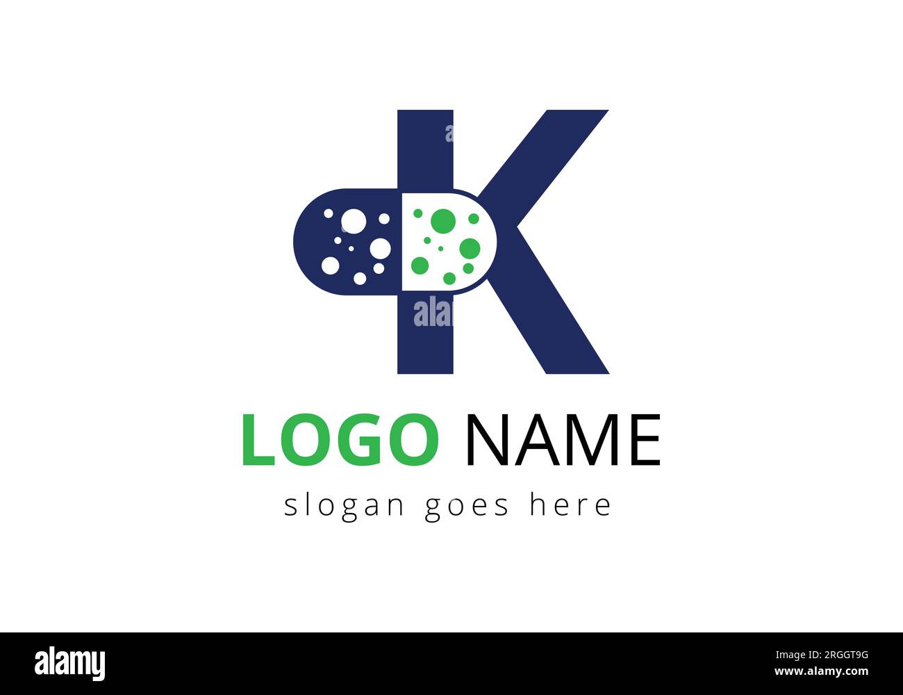 Modello vettoriale del segno del logo del logo della lettera K Medicine tablet con simbolo di pila Illustrazione Vettoriale