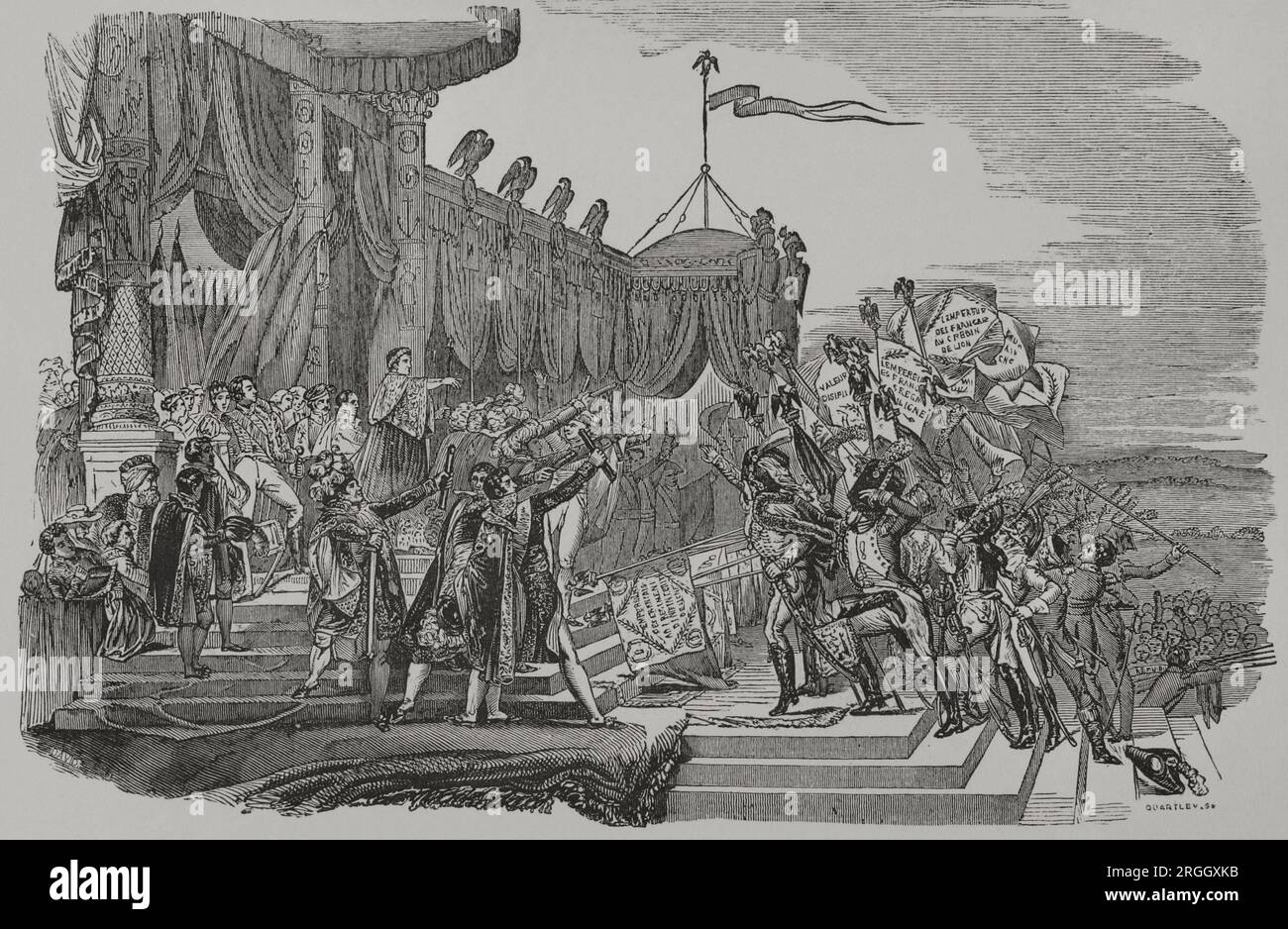 Primo Impero francese. Esercito napoleonico. Distribuzione delle aquile imperiali ai reggimenti francesi. Questi erano bastoni flagelli, con la figura di un'aquila imperiale francese, che la grande Armée di Napoleone portò in battaglia. Cerimonia militare della distribuzione degli standard dell'aquila organizzata da Napoleone, al Champ de Mars, il 5 dicembre 1804 dopo la sua ascesa al potere come Imperatore dei francesi. Incisione di Quartley. Los Héroes y las Grandezas de la Tierra. Volume V. 1855. Foto Stock