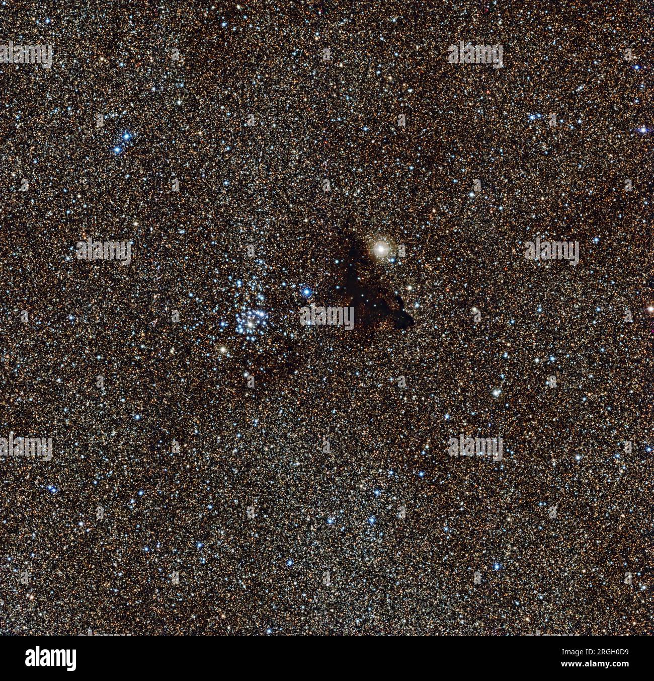 Campo stellare con nebulosa scura e ammasso stellare. Foto Stock