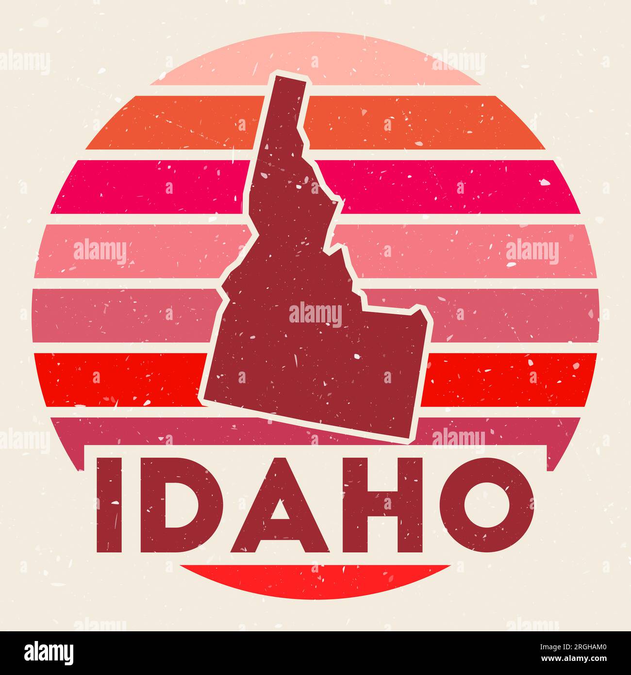 Logo dell'Idaho. Firma con la mappa dello stato degli Stati Uniti e le strisce colorate, illustrazione vettoriale. Illustrazione Vettoriale