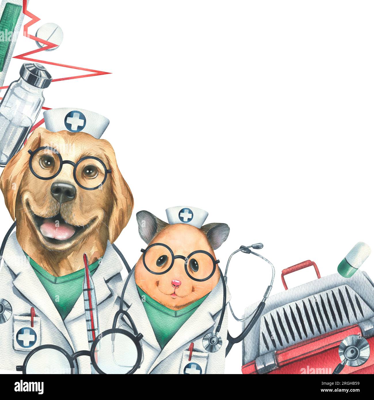 Medici veterinari criceto con cane, trasportino per animali, medicinali. Illustrazione ad acquerello, disegnata a mano, per la progettazione di cliniche, ospedali, farmacie Foto Stock