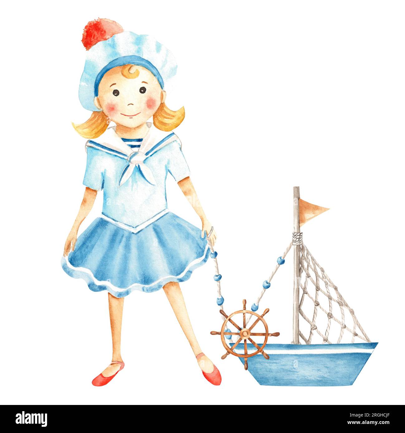 Graziosa bambina marinara in abito marino con nave, barca con volante in legno. Acquerello illustrazione nautica per bambini. Dipinto a mano Foto Stock