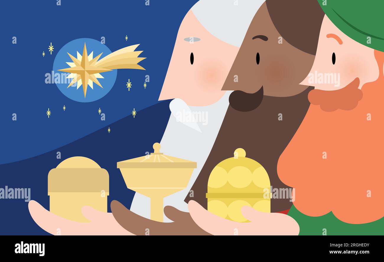 Tre saggi che reggono regali ritratti di profilo illustrazioni vettoriali. Volti di Melchior, Caspar e Balthasar. Illustrazione Vettoriale