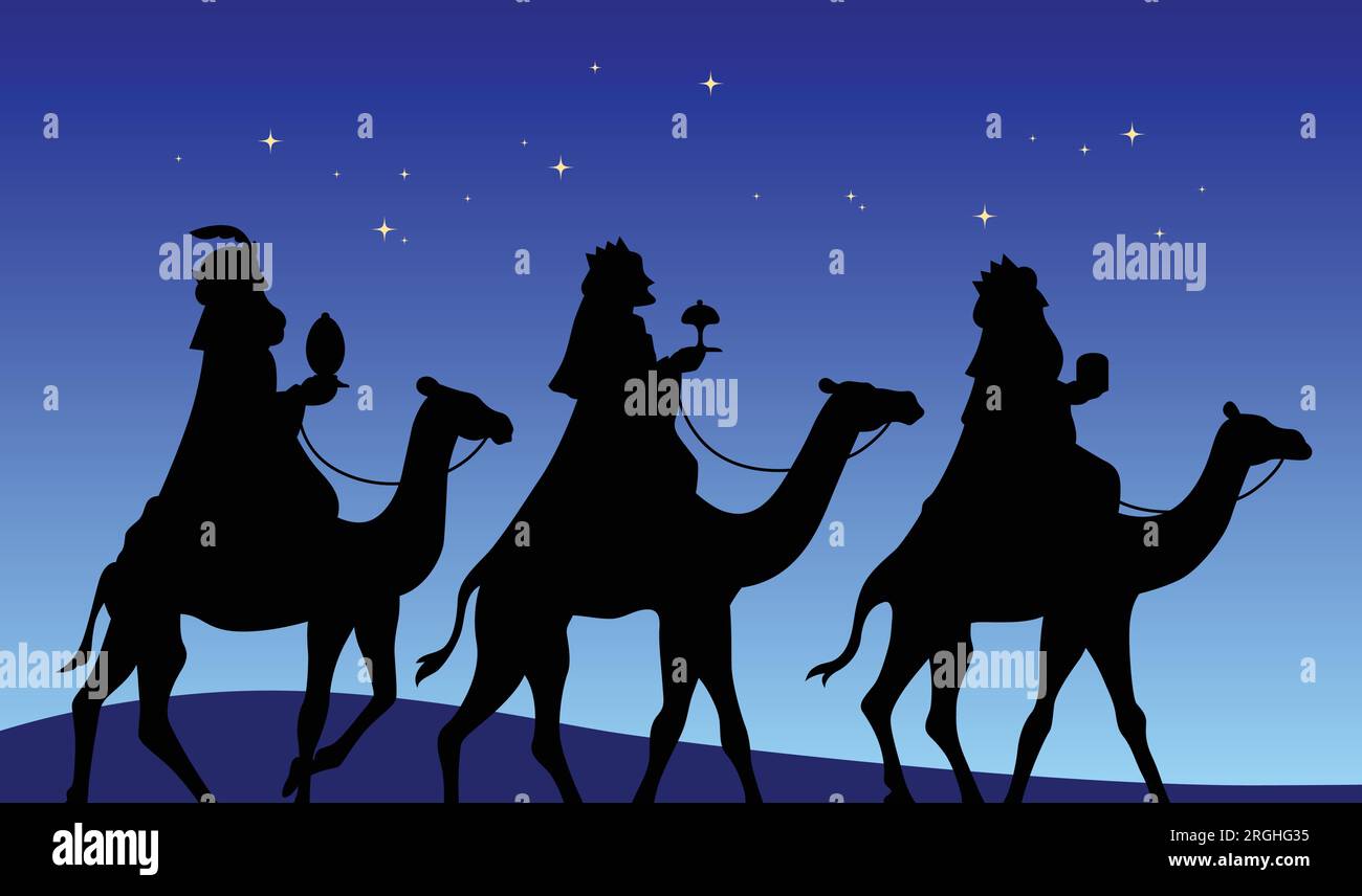 Tre uomini saggi a cavallo di cammelli dalla silhouette nera vettoriale. Tre re biblici o magi nel deserto di notte con un cielo stellato. Illustrazione Vettoriale