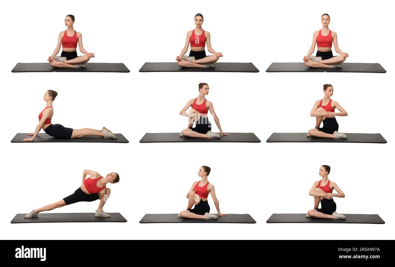 Giovane donna che pratica yoga su sfondo bianco. Collage con diverse asana Foto Stock