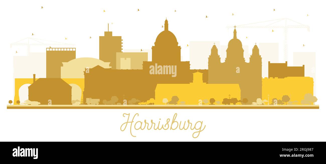 Profilo della città di Harrisburg, Pennsylvania, con edifici dorati isolati su bianco. Illustrazione vettoriale. Harrisburg, USA, paesaggio urbano con monumenti storici. Illustrazione Vettoriale