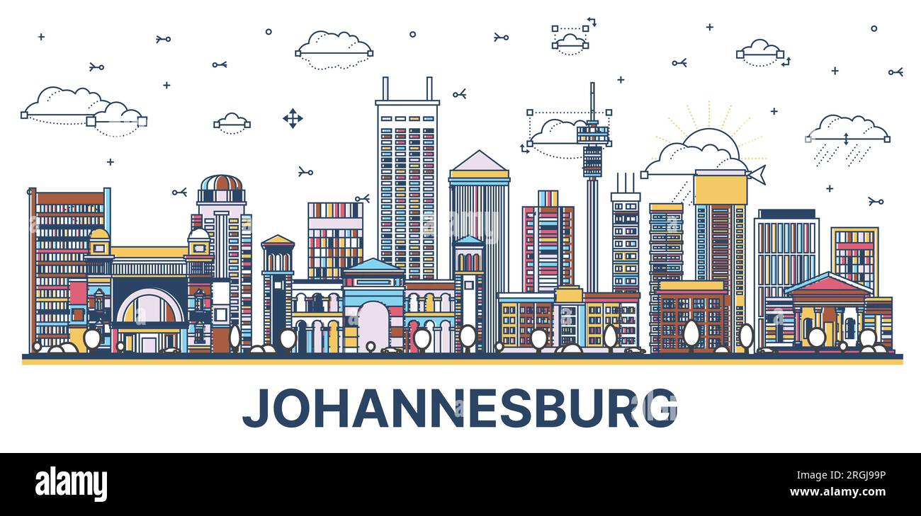 Delinea lo skyline di Johannesburg, Sud Africa, con edifici colorati moderni e storici isolati su bianco. Illustrazione vettoriale. Illustrazione Vettoriale