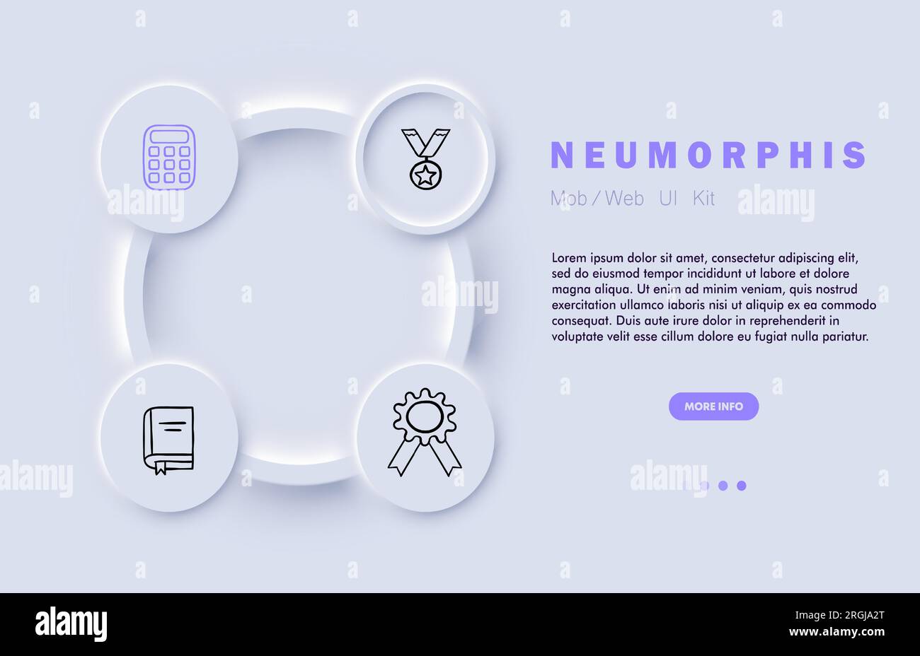 Icona della linea di attività scientifica. Medaglia, premio, scoperta, libro, calcolatrice. Stile neomorfismo. Icona linea vettoriale Illustrazione Vettoriale