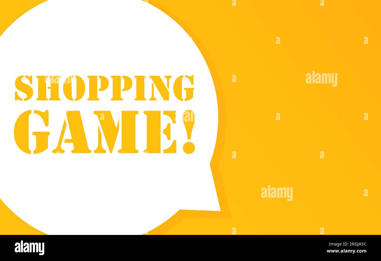 Una partita di shopping. Fumetto con testo del gioco Shopping. illustrazione 2d. Piatto. Icona della linea vettoriale per le aziende Illustrazione Vettoriale