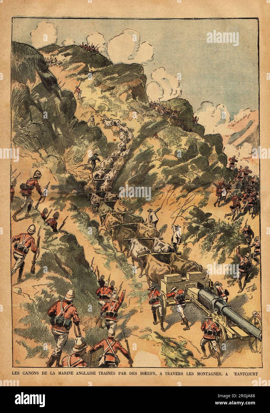 Les canons de la marine anglaise traines par des boeufs, a travers les montagnes, a Eastcourt, ( Afrique du Sud) pendant le conflit au Transvaal les opposant aux Boers. Gravure in "le pelerin" 14011900. Foto Stock