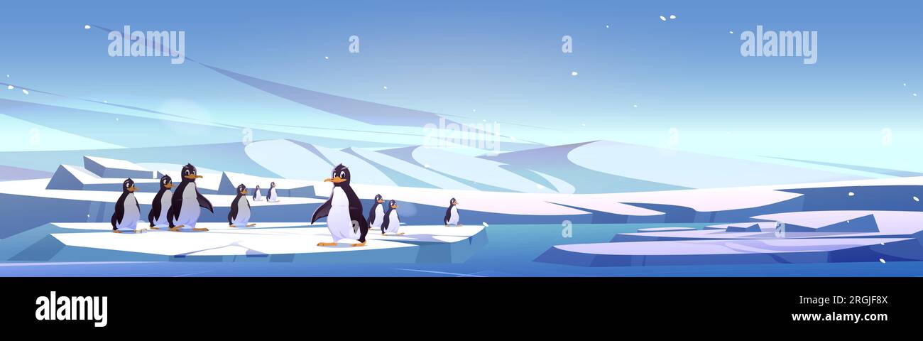 Gruppo di pinguini in piedi su un paesaggio ghiacciato. Cartoni animati vettoriali che illustrano carini uccelli che galleggiano su un grande pavimento sullo sfondo con pile di neve e acqua fredda dell'oceano. Fauna selvatica dell'emisfero sud Illustrazione Vettoriale