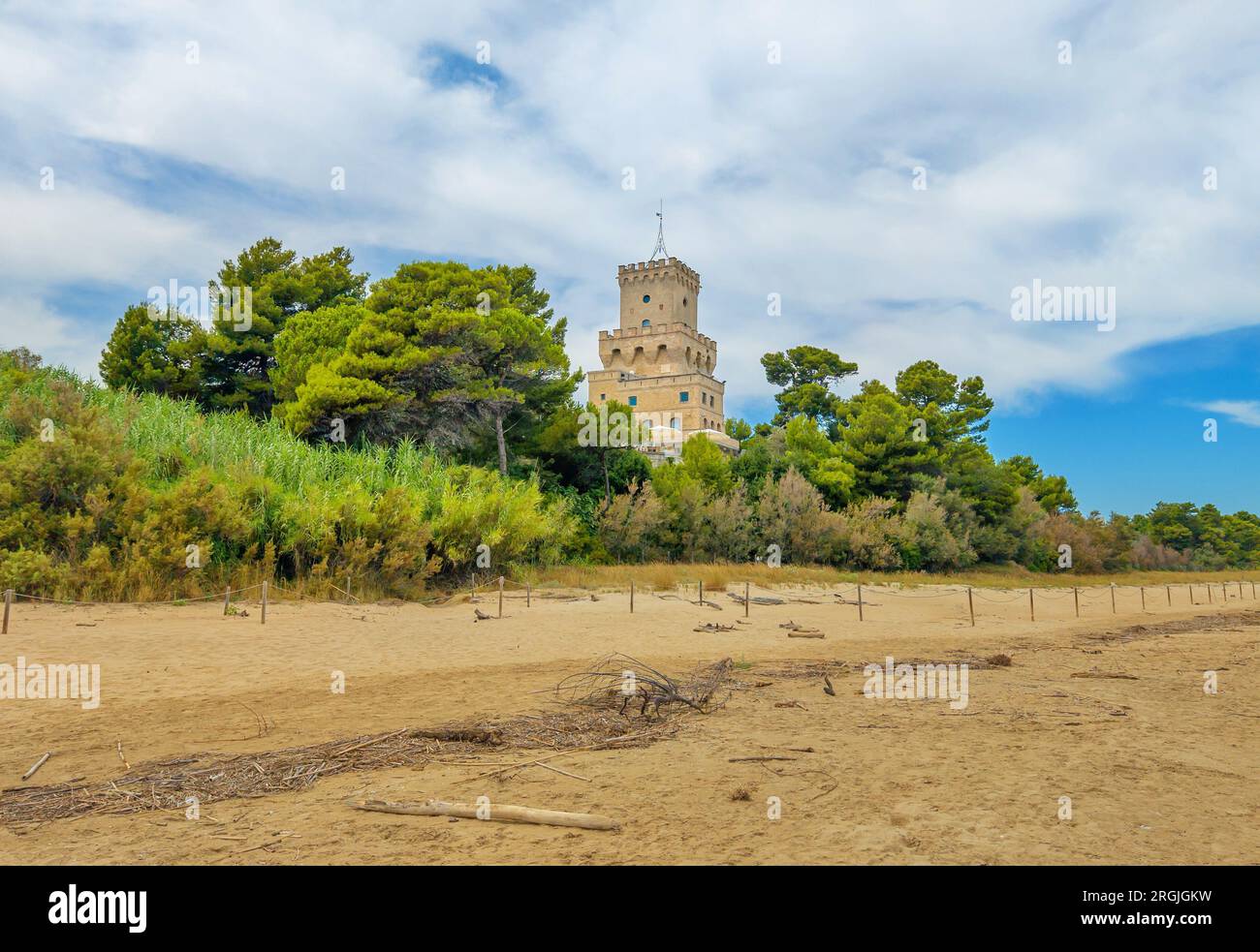 Pineto (Italia) - Il circuito turistico spiaggia sabbiosa di Abruzzo con la monumentale foresta di pini e il famoso castello di torre chiamata Torre di Cerrano Foto Stock