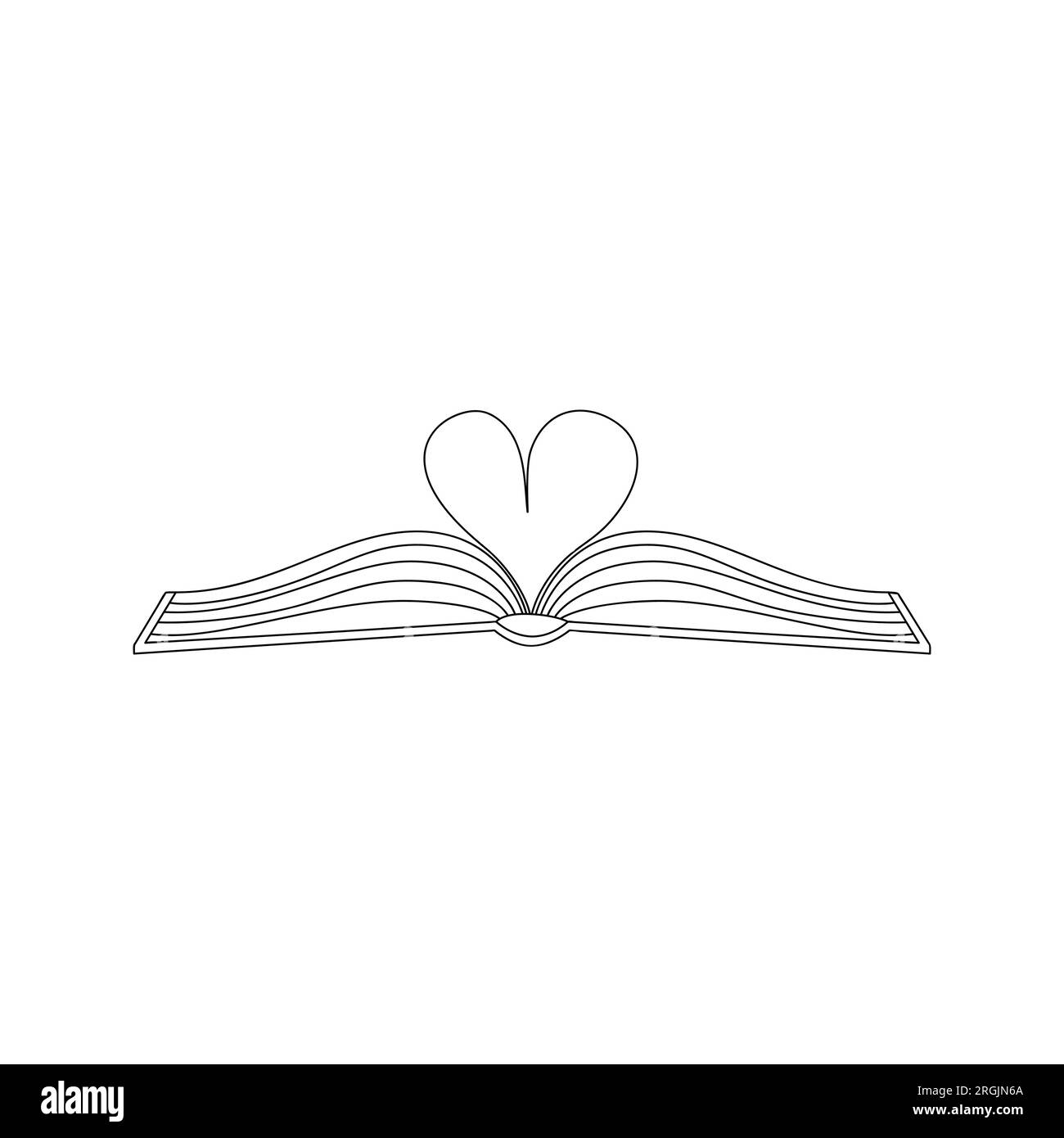 Sfoglia un libro aperto con pagine piegate a forma di cuore. Simbolo di conoscenza, apprendimento, lettura, letteratura. Un concetto per gli amanti dei libri. Disegno a mano Illustrazione Vettoriale