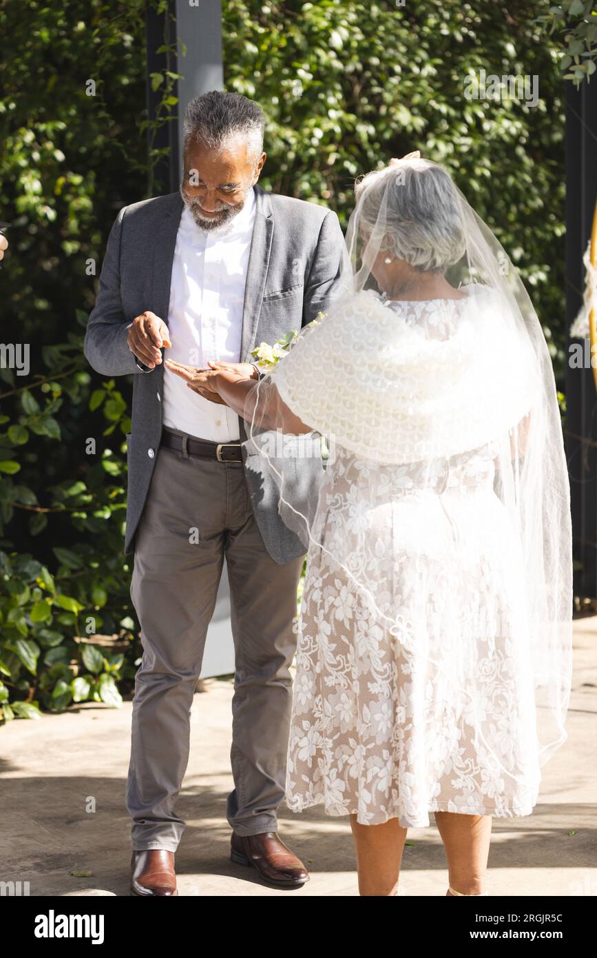 Felice sposo birazziale senior che mette un anello sul dito della sposa alla soleggiata cerimonia nuziale all'aperto Foto Stock