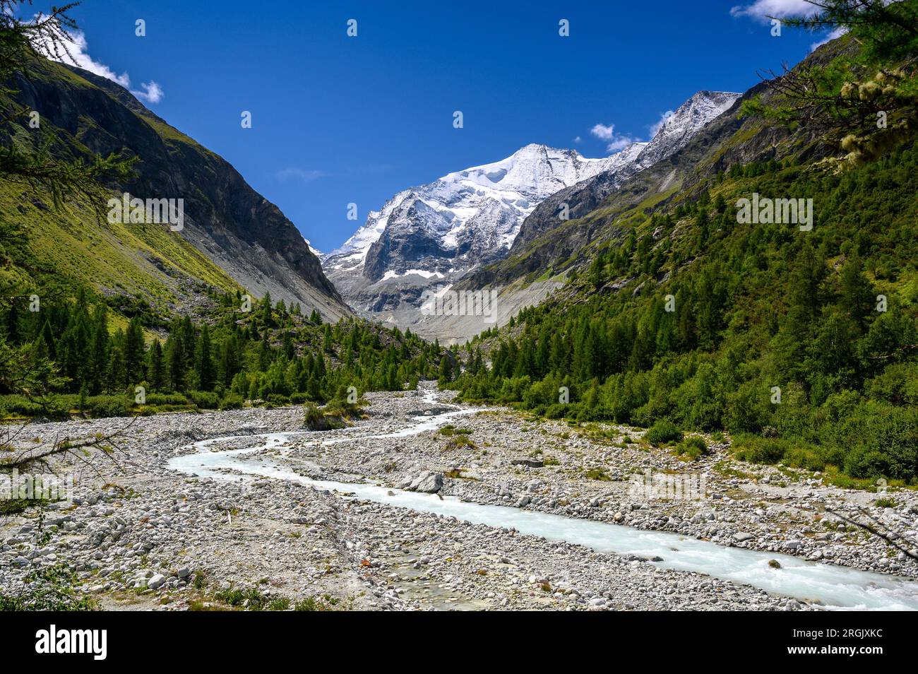 Letto selvaggio del fiume Navisence in Val d'Annivers con la vetta del Grand Cornier, Vallese Foto Stock