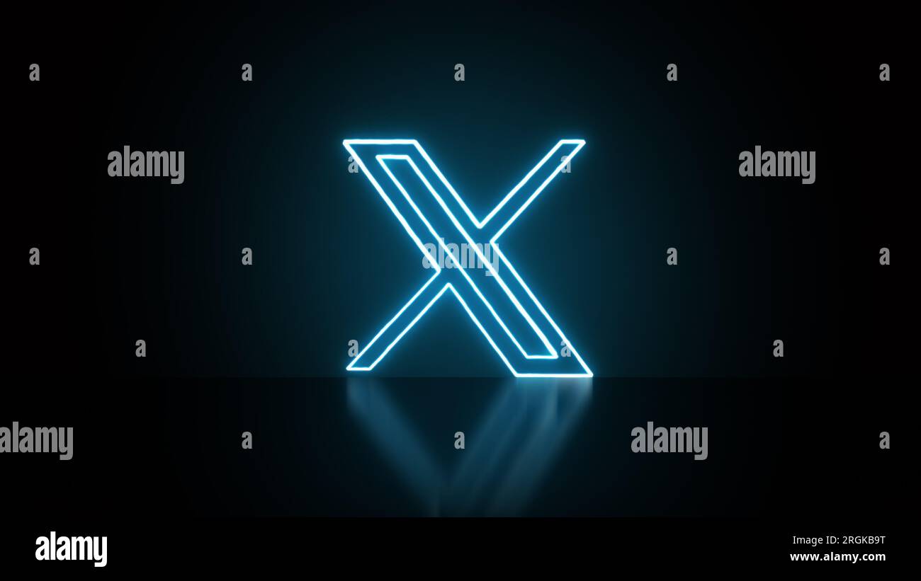 Madrid, Spagna - agosto 2023. Logo Twitter neon .nuovo logo Twitter,Twitter x su sfondo nero. Luce al neon. Foto Stock