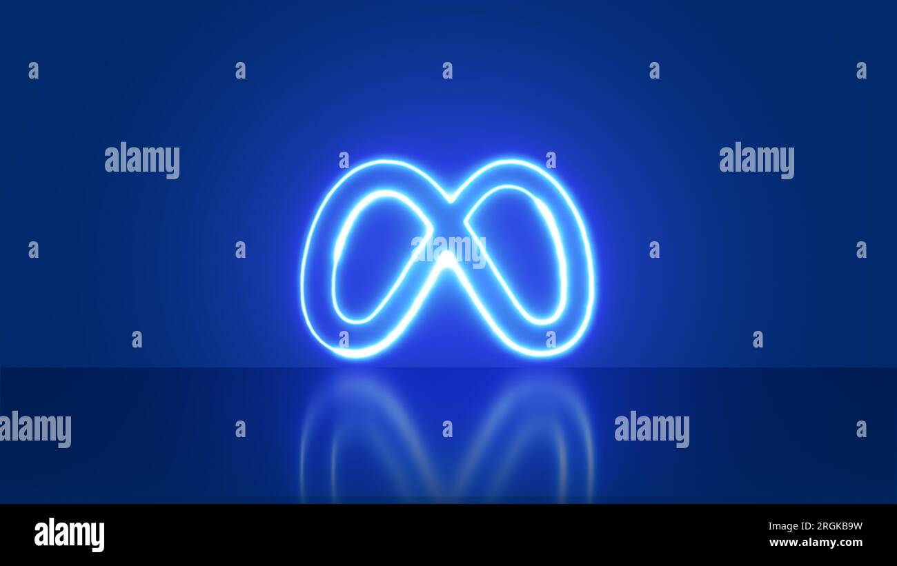 Madrid, Spagna - agosto 2023. Neon meta logo su sfondo blu. Rebrand di Facebook, Instagram Whatsapp Messenger, integrazione. Luce al neon. Foto Stock