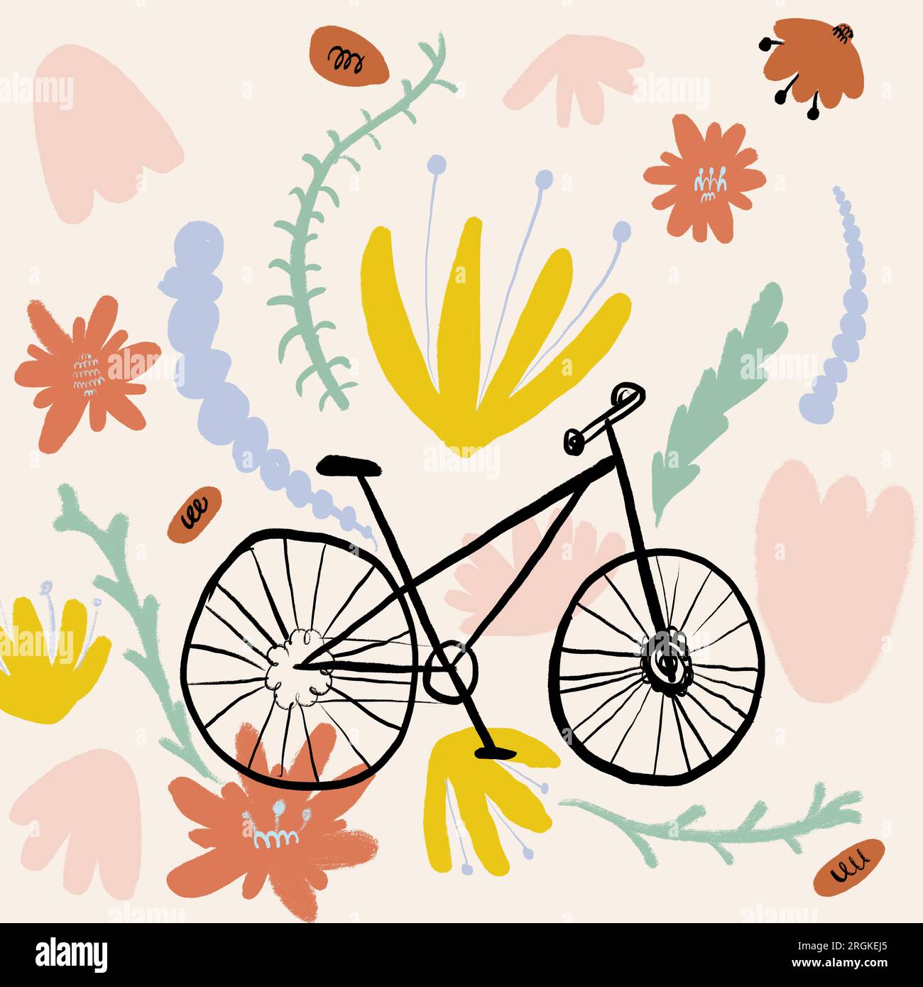 Illustrazione vettoriale disegnata a mano di bicicletta nera tra fiori e piante colorate su sfondo beige Foto Stock