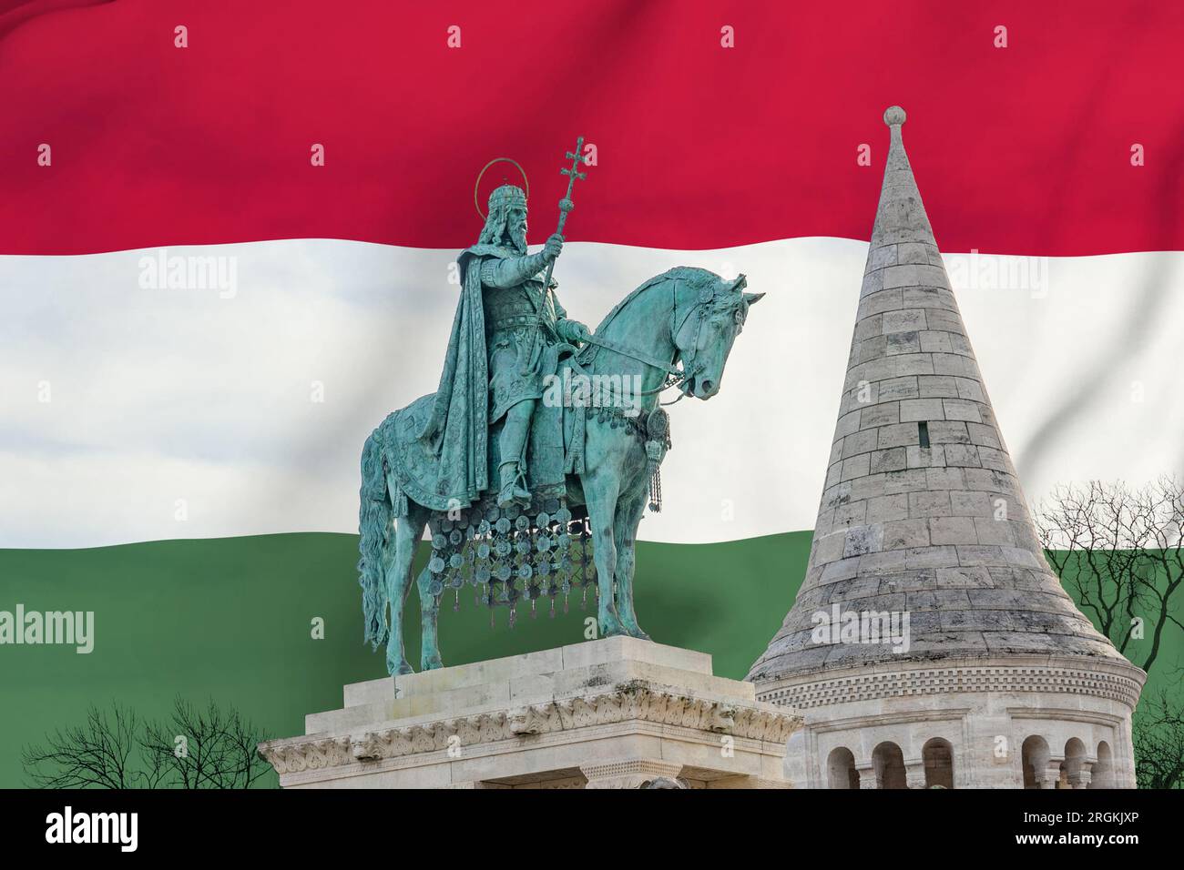 statua di santo stefano szent istvan con bandiera ungherese per la celebrazione nazionale ungherese del 20 agosto. Foto Stock
