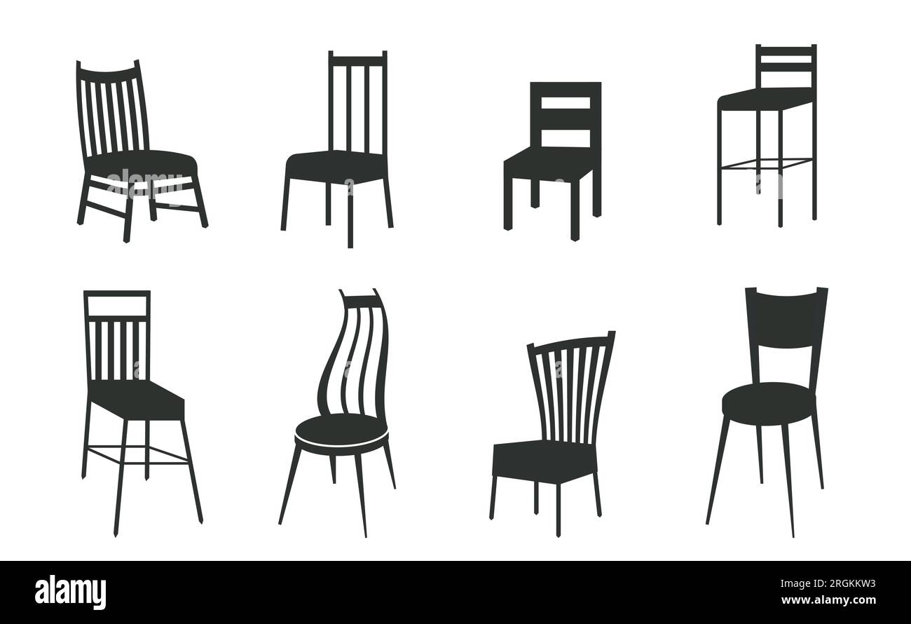 Sedia SVG, sedie sagome illustrazione vettoriale. Le icone degli sgabelli da barra impostano il vettore dei cartoni animati. Panca per sedie. Raccolta di icone Doodle in vettore. Illustrazione Vettoriale
