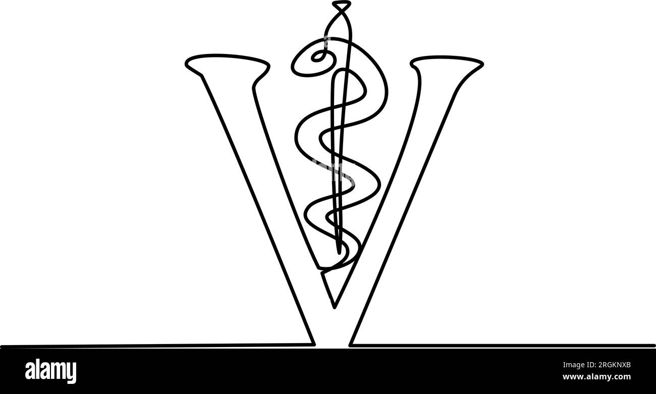 Simbolo veterinario - caduceo serpente con bastone. Una linea continua Illustrazione Vettoriale