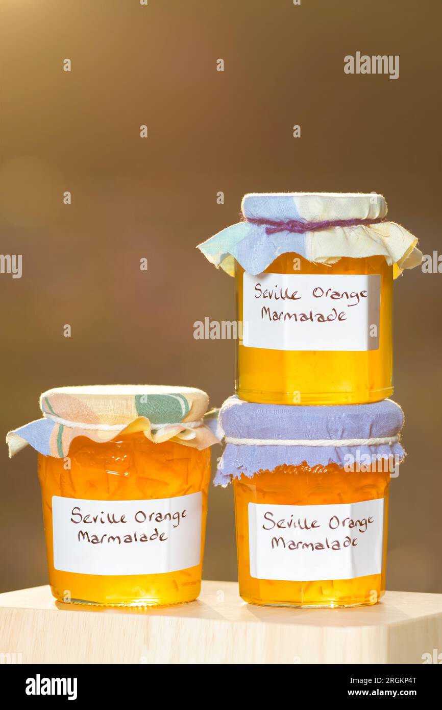 Un gruppo di barattoli contenenti marmellata d'arancia di Siviglia fatta in casa. Le vaschette hanno etichette scritte a mano e rivestimenti in tessuto sopra i coperchi Foto Stock