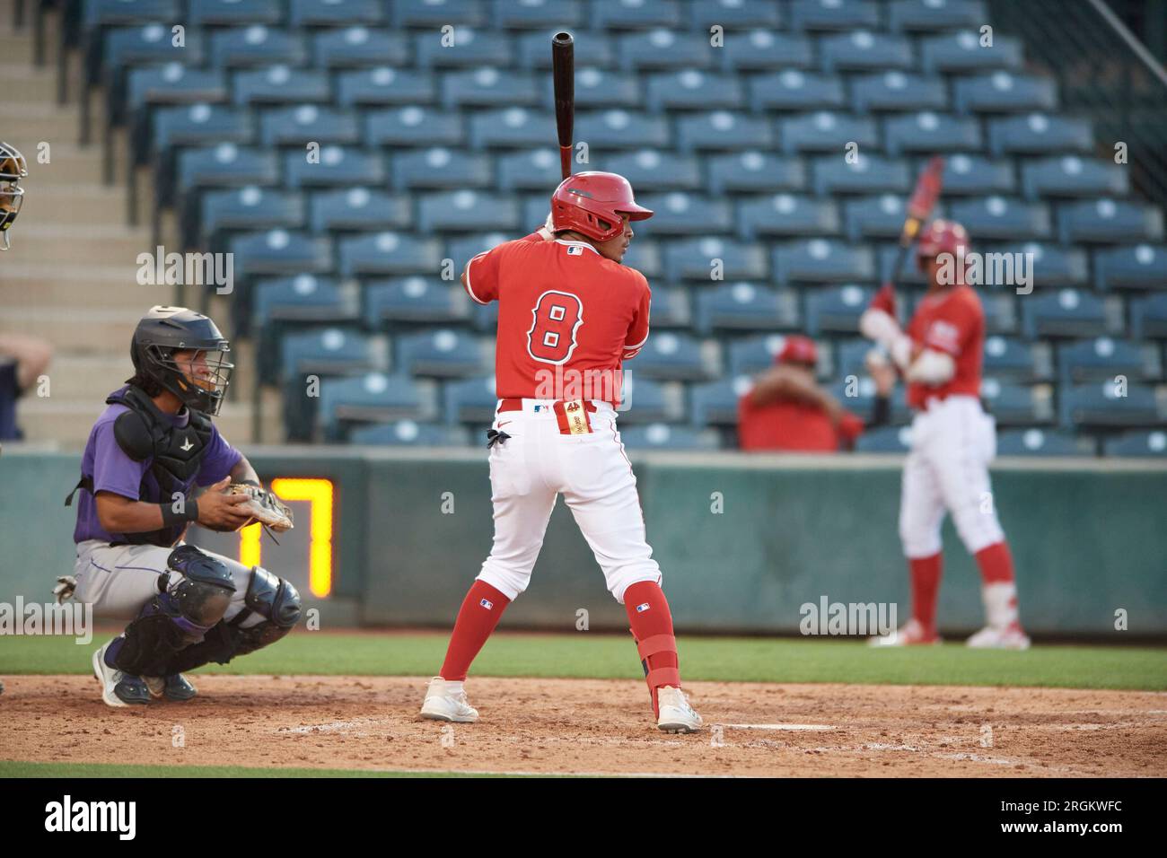 Edgar Alfonso (8) of the ACL Angels at bat during an Arizona Complex League game against the ACL Rockies on June 27, 2023 at Tempe Diablo Stadium in Tempe, Arizona. (Tracy Proffitt/Four Seam Images via AP) Foto Stock