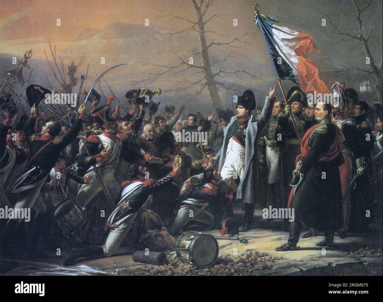 IL RITORNO DI NAPOLEONE DALL'ELBA 7 MARZO 1815. Viene accolto dal 7° reggimento a Grenoble. Dipinto di Charles de Steuben Foto Stock