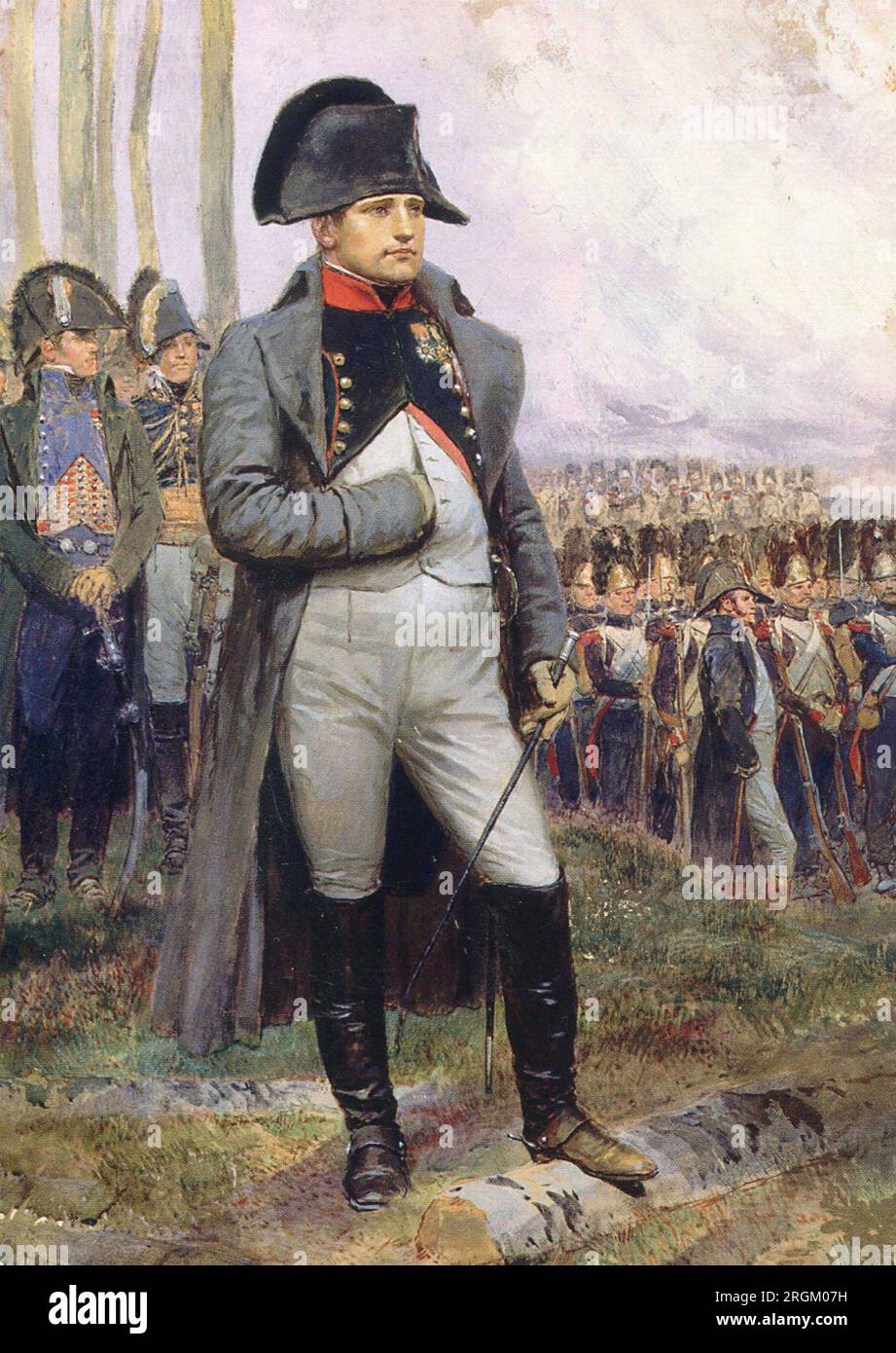 NAPOLEONE BONAPARTE (1769-1821) con posa caratteristica di Édouard Detaille. Indossa l'informatore verde di un colonnello nella cavalleria della Guardia Imperiale. Foto Stock