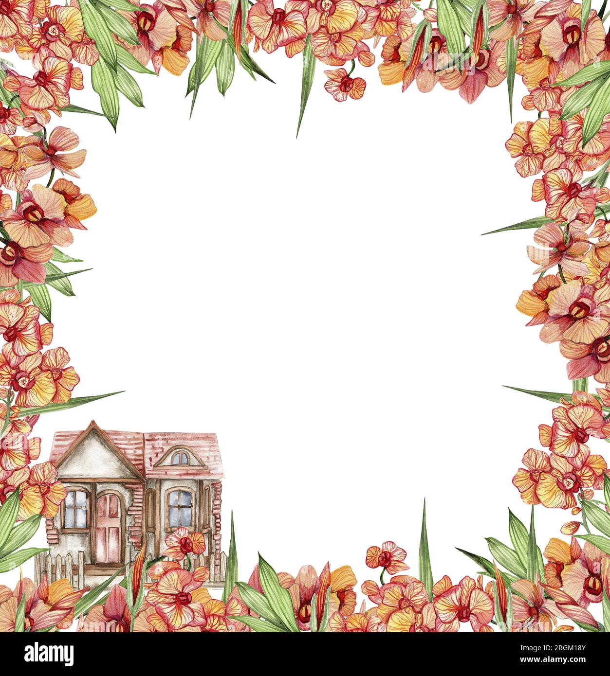 Acquerello disegnato a mano primavera giardino pieno di fiori cornice quadrata. Illustrazione acquerello per scrapbooking. Cartoon mano disegnata sfondo con fiore Foto Stock