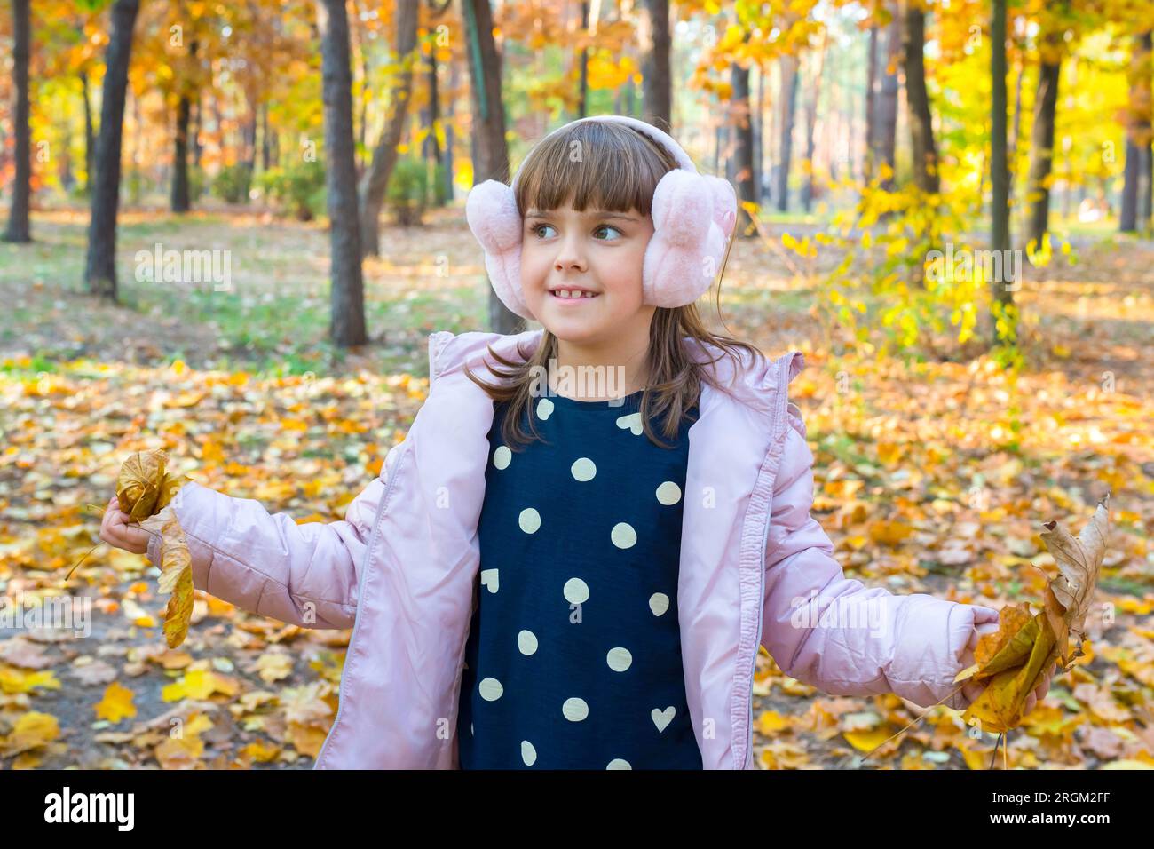 Una bambina felice sta giocando in un bellissimo parco autunnale in una giornata di sole. Giochi sulla natura Foto Stock