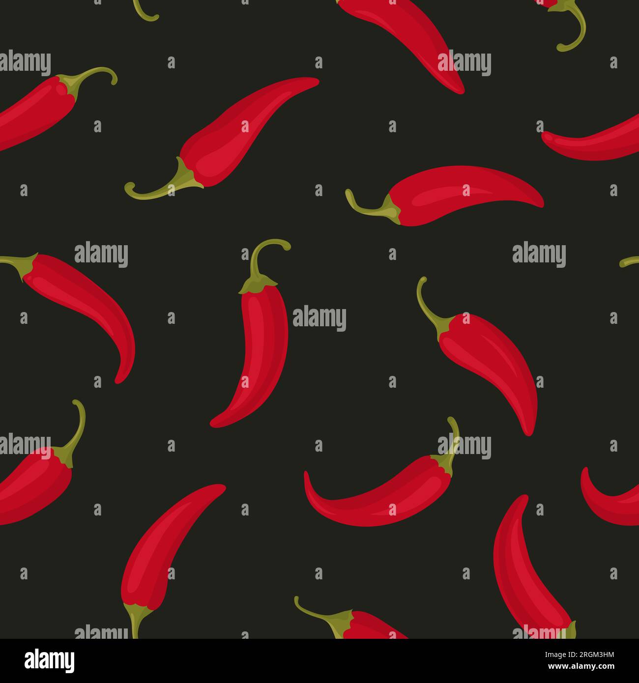 Motivo vettoriale senza cuciture con peperoni rossi caldi su sfondo nero. Piccante di peperoni piccanti o peperoni, modello di design per tessuti, abbigliamento Illustrazione Vettoriale