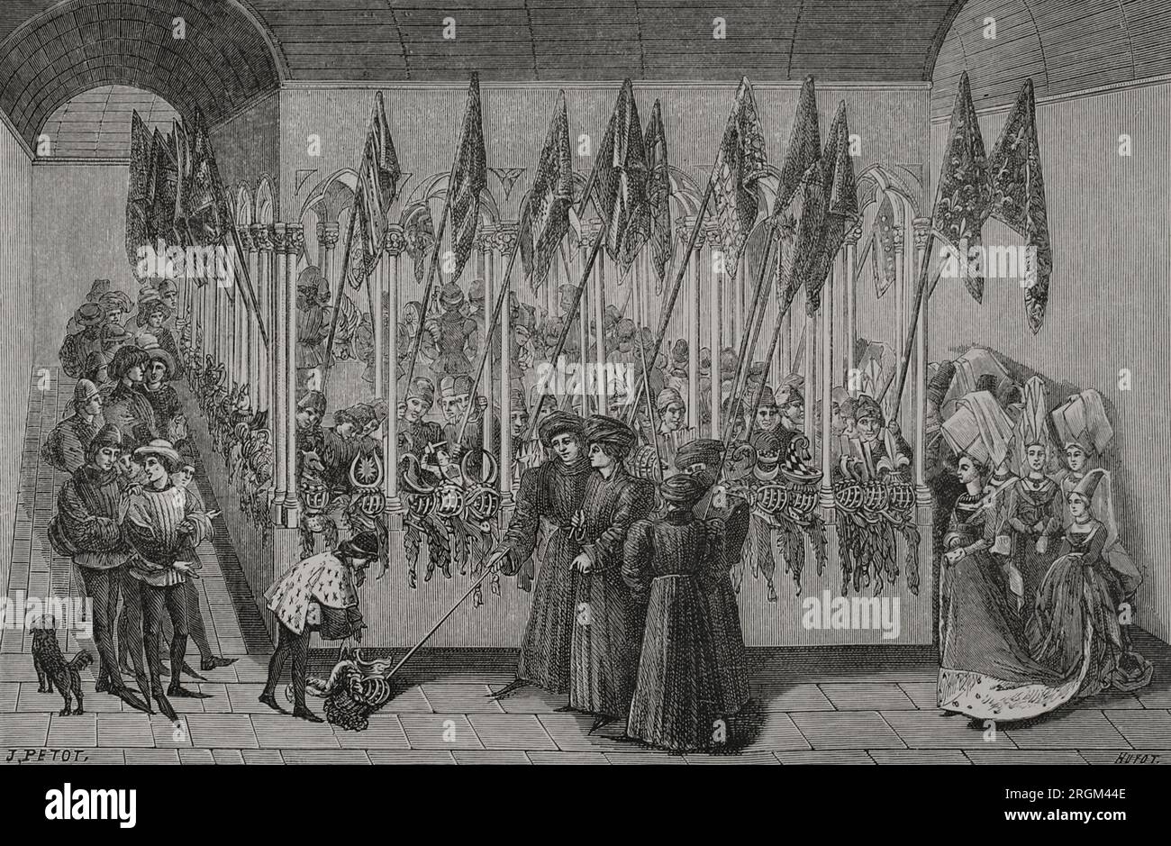 Tornei. Gli standard e i caschi sono tenuti in un chiostro. I preliminari sono gestiti dai giudici, alla presenza delle signore e dei partecipanti al torneo. Revisione dei caschi nel chiostro. Incisione di Huyot su una miniatura di "le Livre des tournois" (Libro del Torneo di Re René), ca. 1462-1465. "Vie Militaire et Religieuse au Moyen Age et à l'Epoque de la Renaissance". Parigi, 1877. Foto Stock