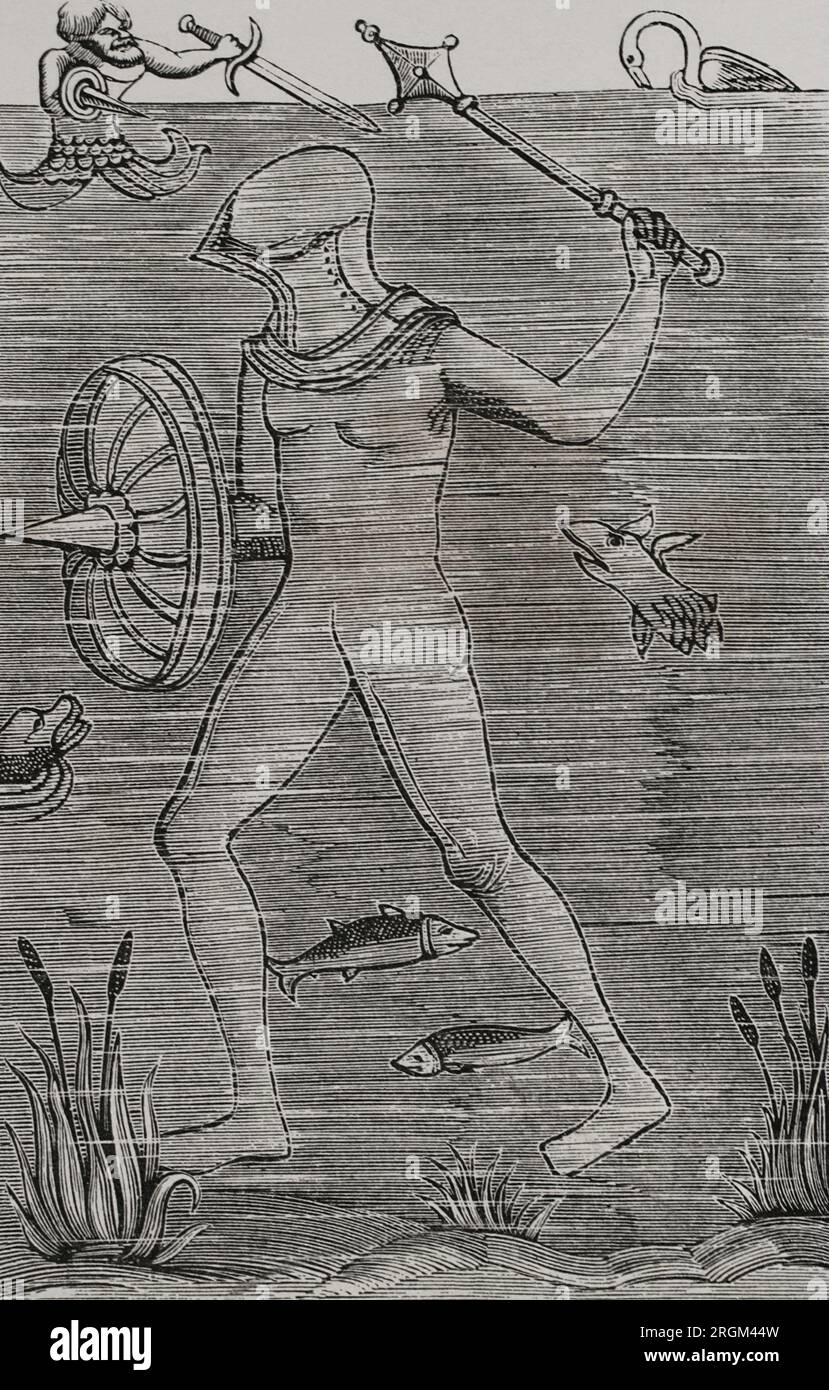 Man-at-Arms. Tuffati con un costume da immersione blindato sigillato per respirare. Facsimile di un'incisione da "l'Art Militaire", di Vegece, 1532. "Vie Militaire et Religieuse au Moyen Age et à l'Epoque de la Renaissance". Parigi, 1877. Foto Stock