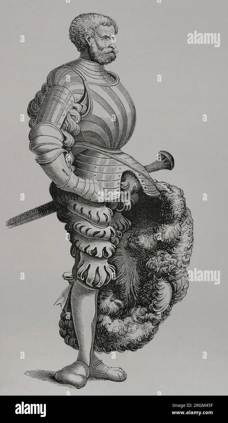 Cavaliere tedesco. Incisione di Burgmayer, versione del XIX secolo da una compilation intitolata "vita imperatoris Maximiliani". Disegno di Albrecht Dürer, XV secolo. "Vie Militaire et Religieuse au Moyen Age et à l'Epoque de la Renaissance". Parigi, 1877. Foto Stock
