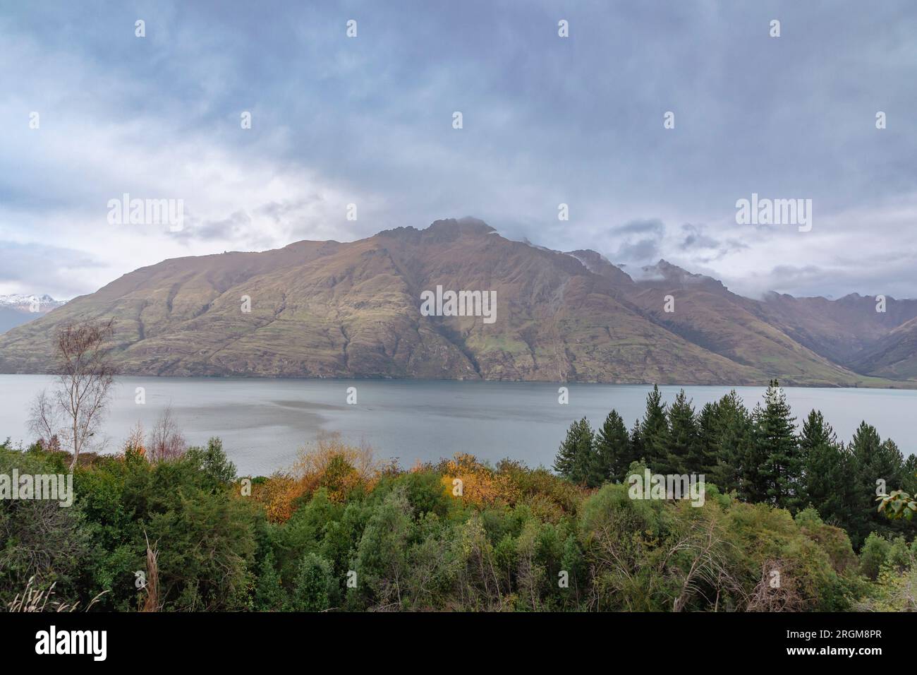 Fotografia di una catena montuosa sul lago Wakatipu in una giornata nuvolosa a Queenstown, sull'Isola del Sud della nuova Zelanda Foto Stock