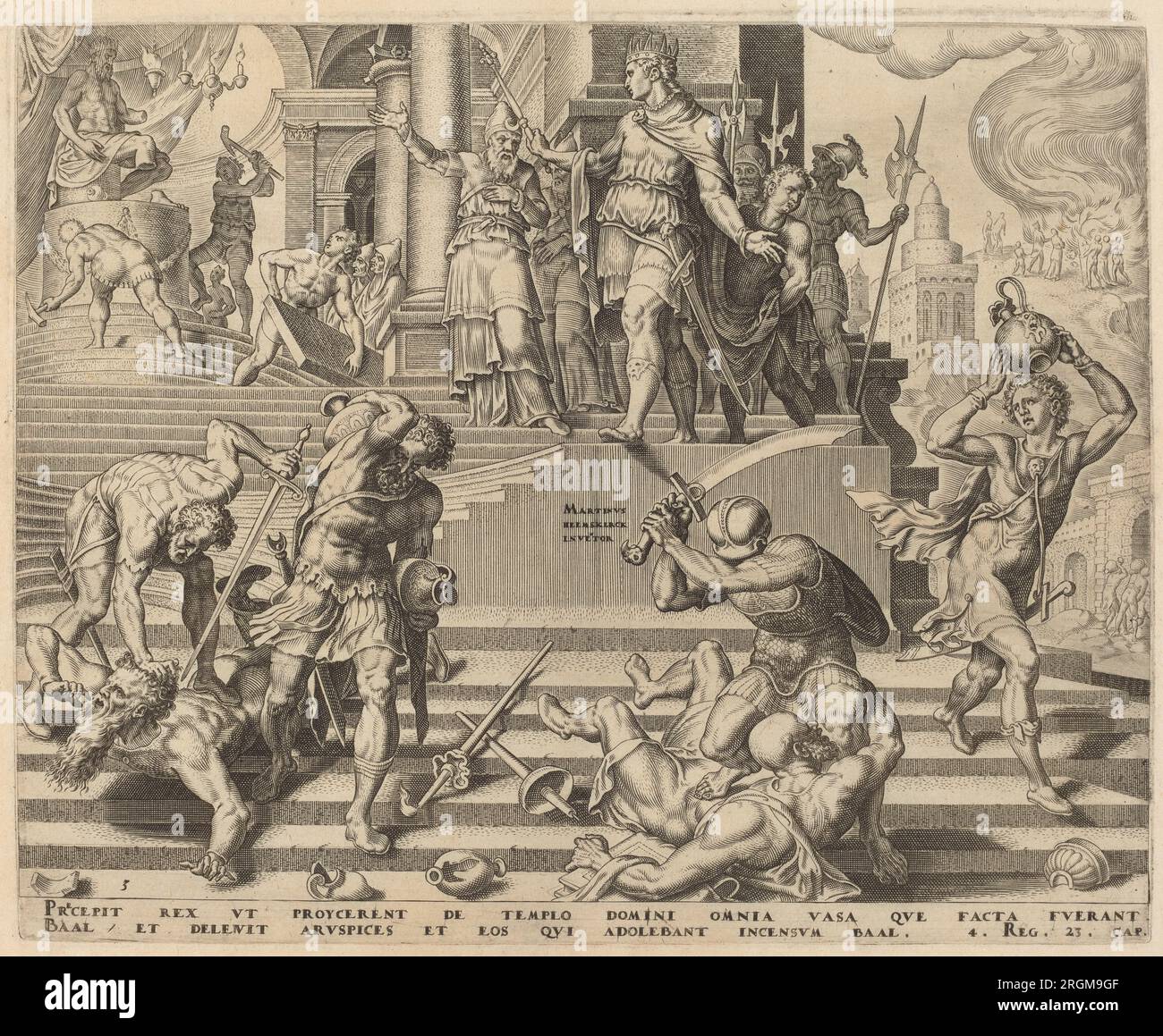 La distruzione del Tempio di Baal e il massacro dei suoi sacerdoti intorno al 1569 da parte di Philip Galle Foto Stock