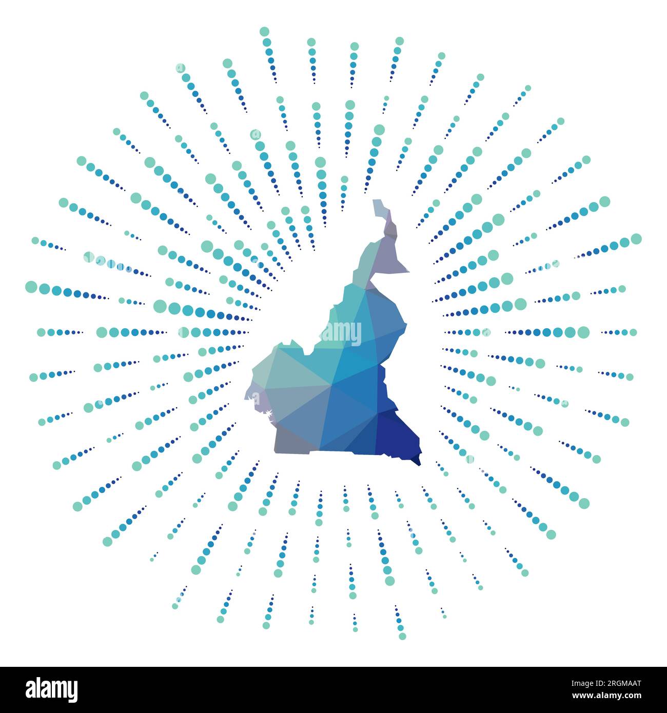Forma del Camerun, scoppio solare poligonale. Mappa del paese con raggi stellari colorati. Illustrazione Vettoriale