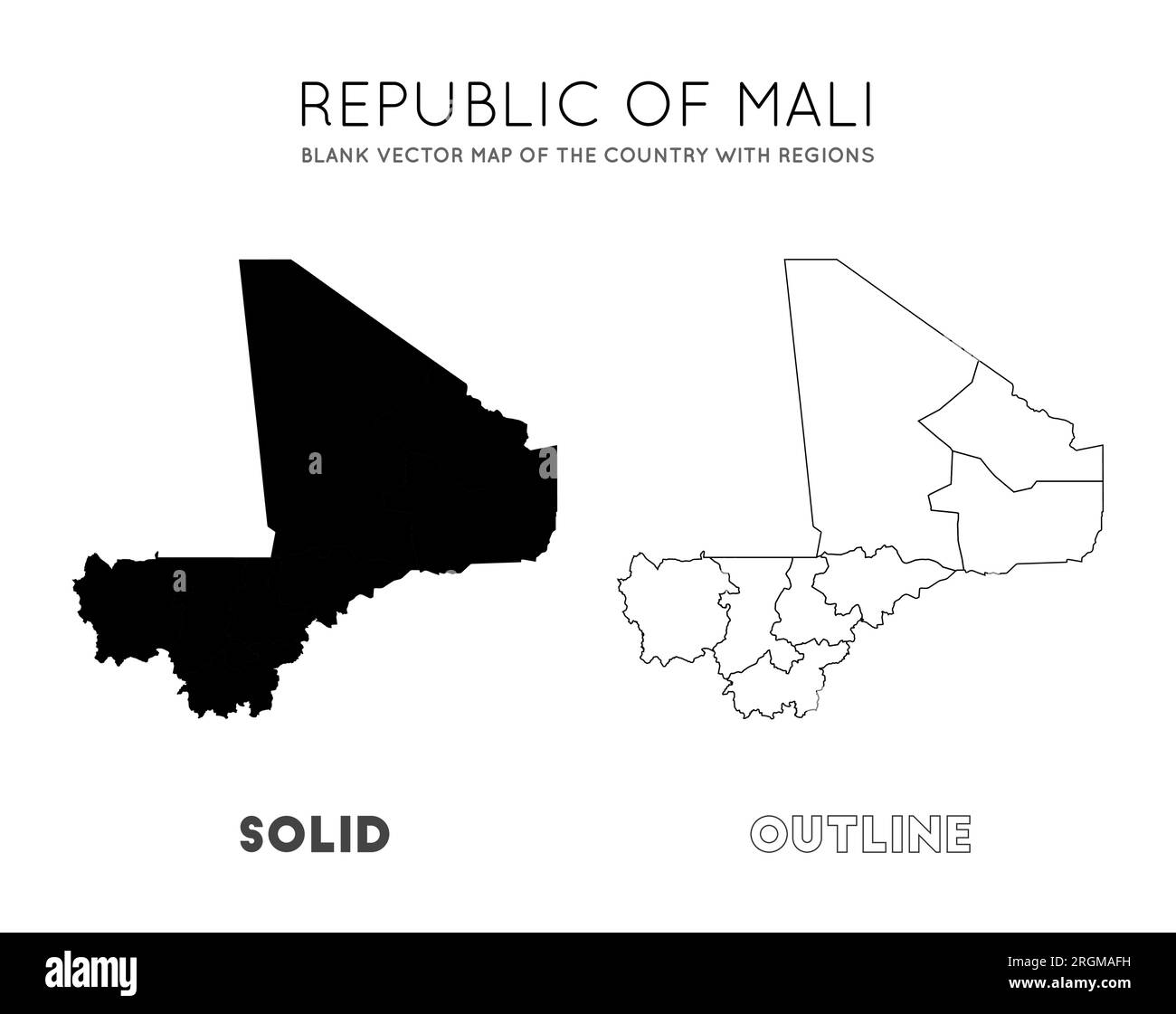 Mappa del Mali. Mappa vettoriale vuota del paese con le regioni. Borders of Mali per la tua infografica. Illustrazione vettoriale. Illustrazione Vettoriale