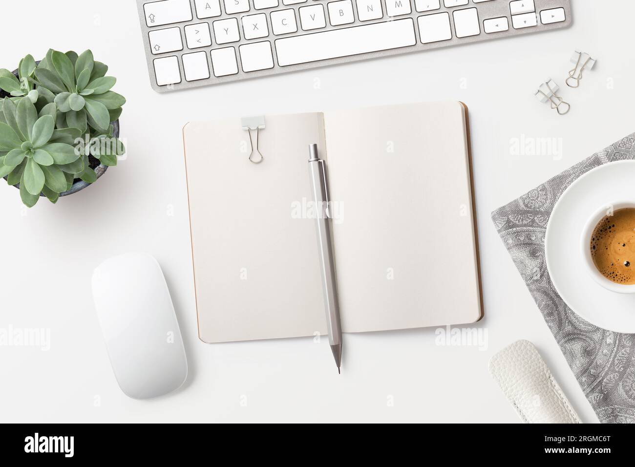 scrivania da lavoro luminosa e minimalista con notebook vuoto aperto, forniture per ufficio, caffè e piante succulente su sfondo bianco - vista dall'alto, spazio per il copyspace Foto Stock