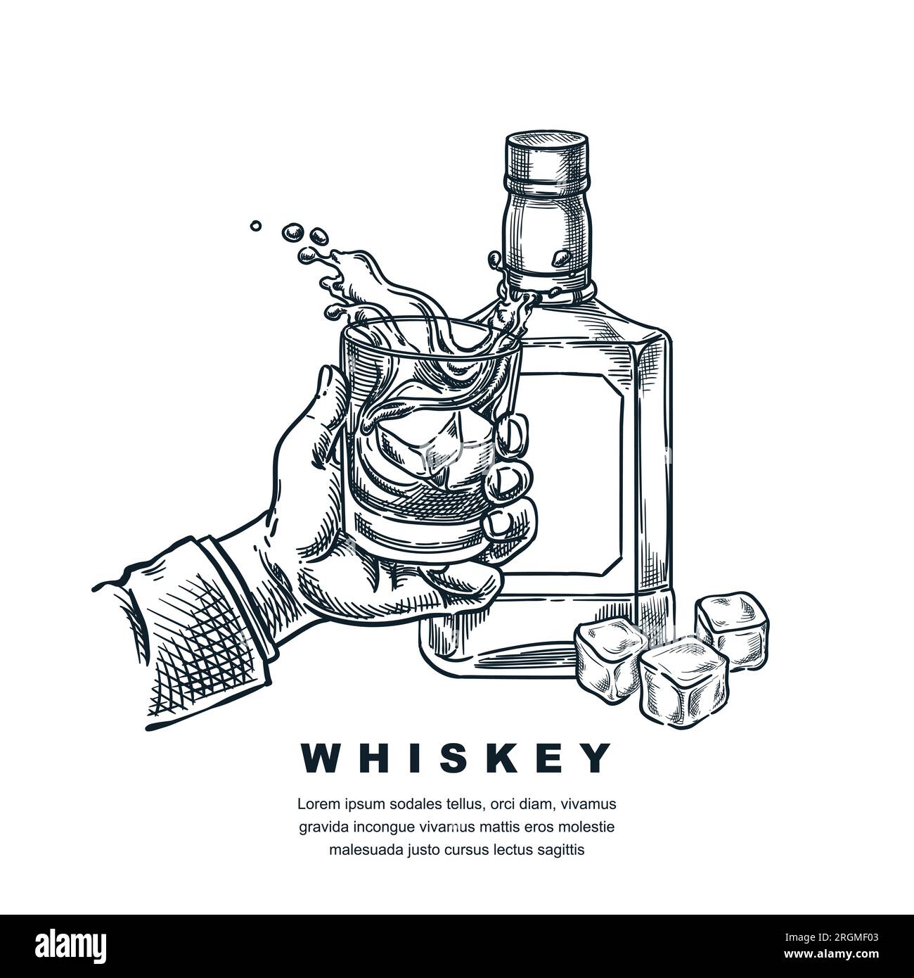 Mano dell'uomo con whisky scotch o vetro bourbon. Disegno vettoriale inciso disegno a mano raffigurante una bottiglia di whisky isolata su sfondo bianco. Alcol Illustrazione Vettoriale