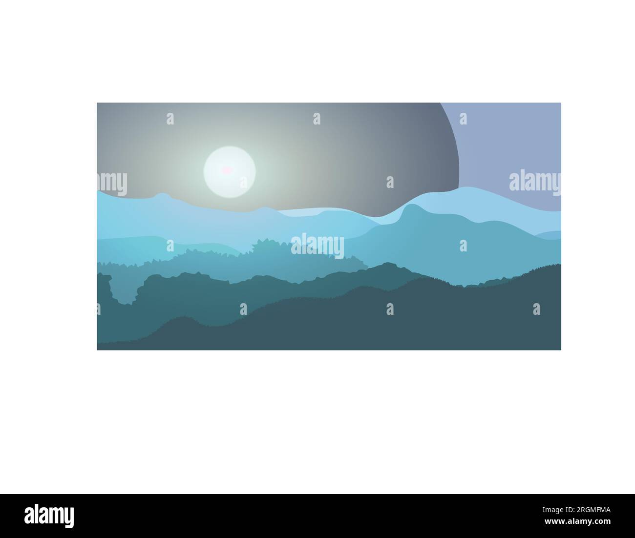 Alba, tramonto. Vista panoramica sulle montagne. Alba nel paesaggio montano. Luce solare. Illustrazione vettoriale. Illustrazione Vettoriale