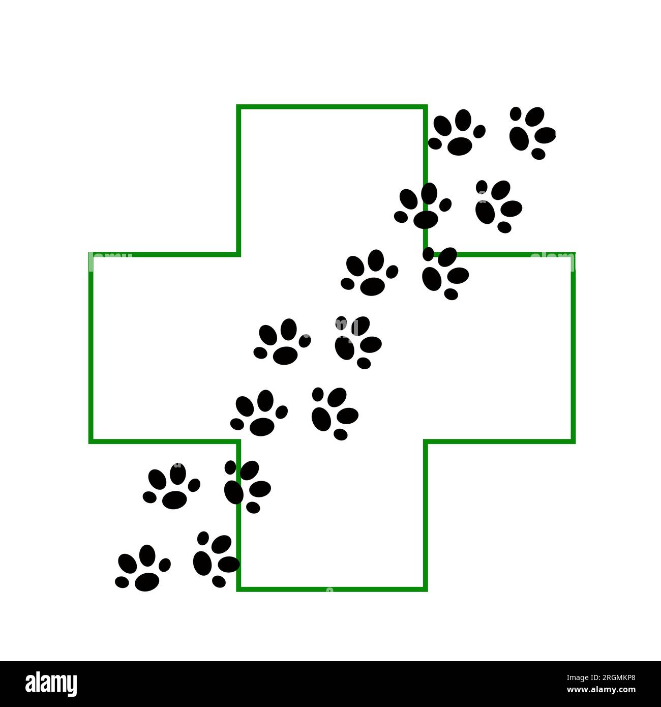 Cat Animal Paw Prints e croce simbolo clinica veterinaria semplice minimalista logo illustrazione vettoriale, domestico animali domestici concetto di assistenza sanitaria Illustrazione Vettoriale