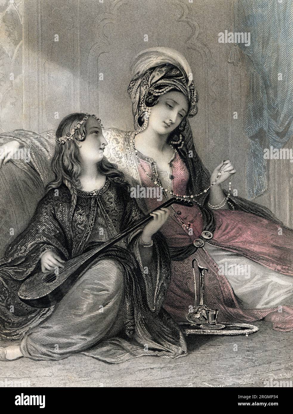 "The Jewels", donna che gioca con la sua collana Jeweled While Young Girl Is Playing String Instrument, 1836 incisione di James Thompson dopo la pittura di Edmund Thomas Parris Foto Stock