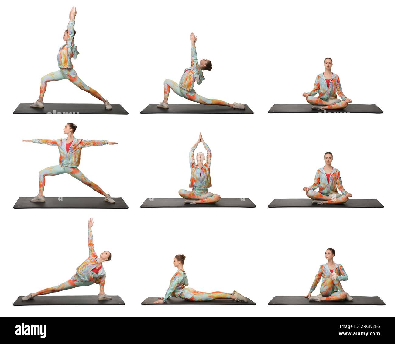 Giovane donna che pratica yoga su sfondo bianco. Collage con diverse asana Foto Stock