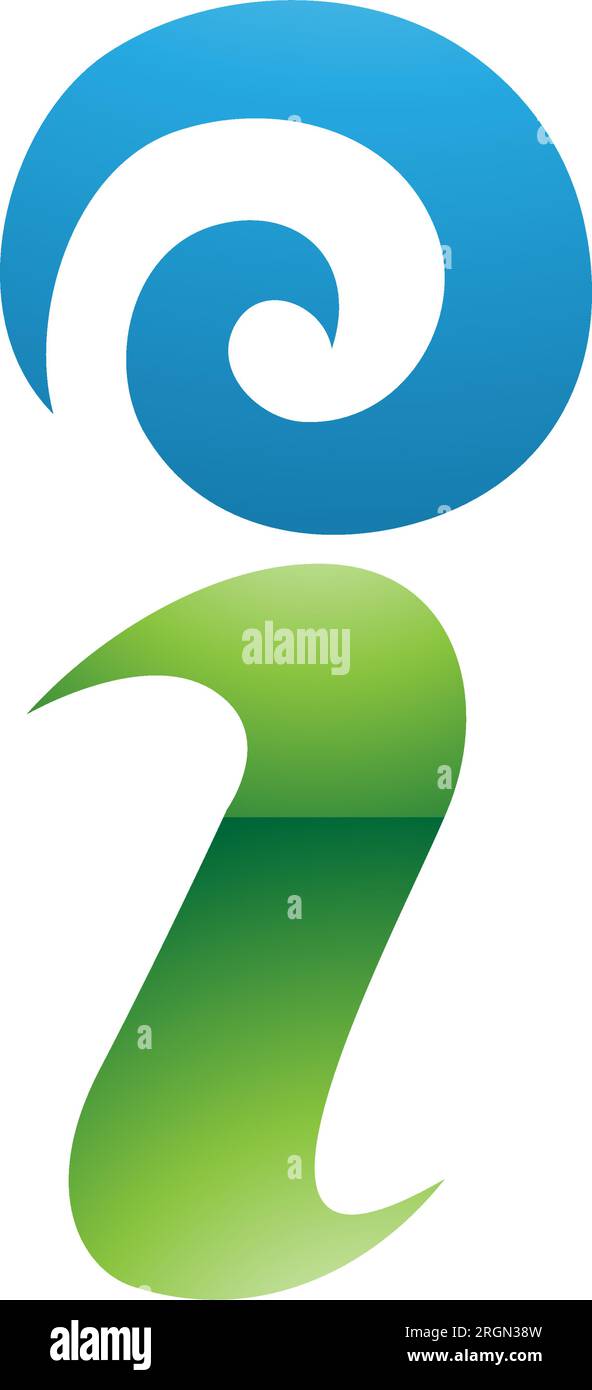 Icona Swirly Letter i lucida verde e blu su sfondo bianco Illustrazione Vettoriale