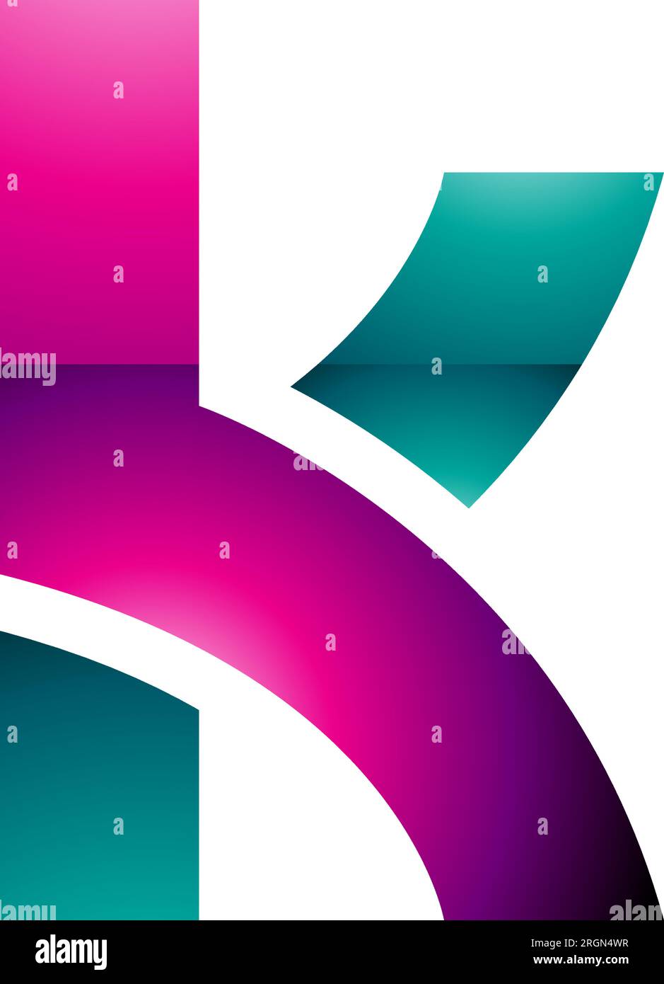 Icona lettera K minuscola magenta e verde lucida con tracciati sovrapposti su sfondo bianco Illustrazione Vettoriale