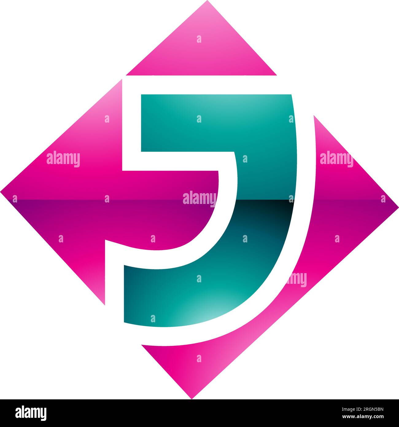 Icona a forma di lettera J quadrata lucida magenta e verde persiano su sfondo bianco Illustrazione Vettoriale