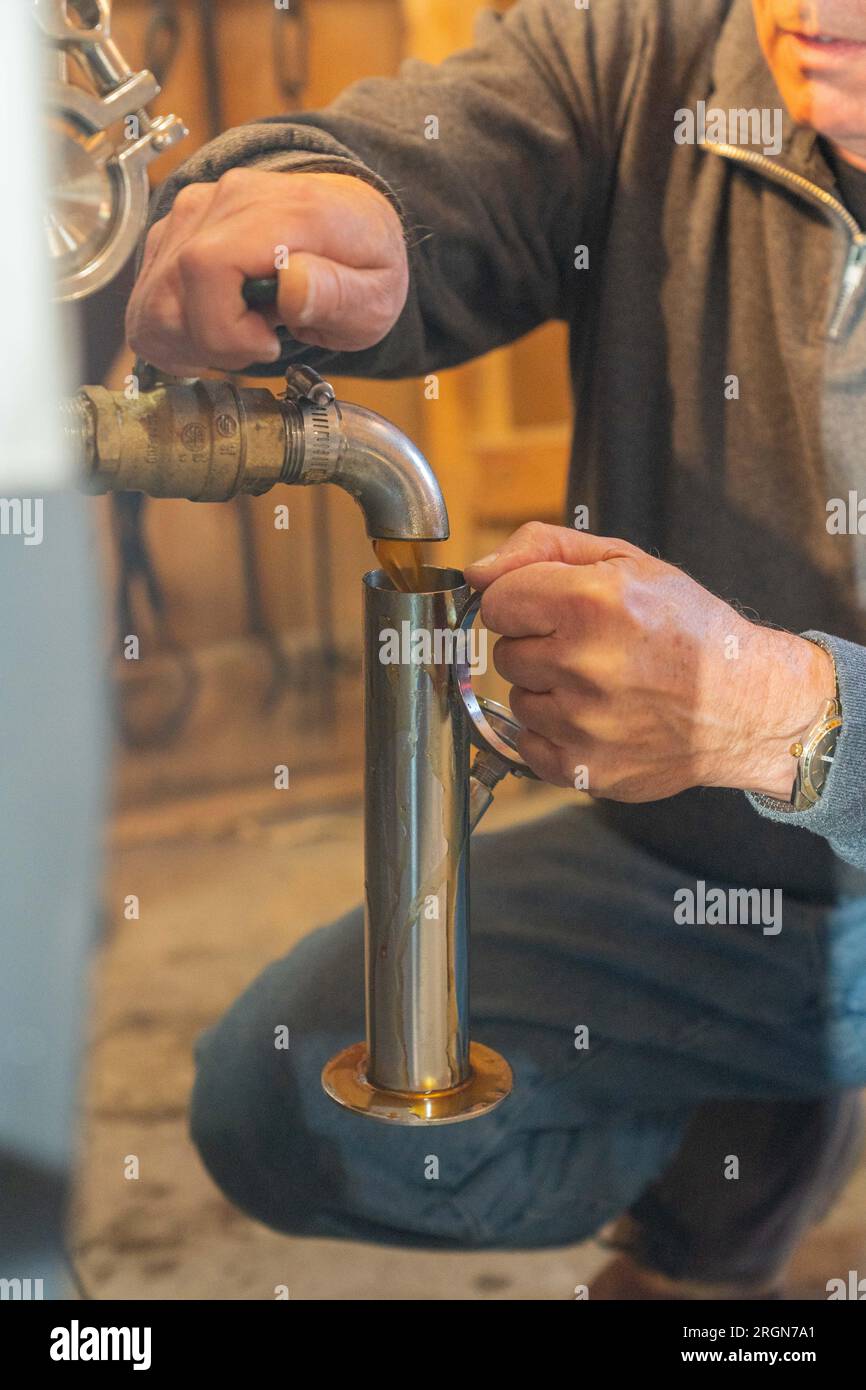 Reportage: USDA Visit to Springboro Tree Farms in Brookston, Indiana (febbraio 2023) - Joe Velovitch preleva un campione dello sciroppo d'acero prodotto presso Springboro Tree Farms a Brookston, Indiana, in modo da poterne testare il contenuto di zucchero il 13 febbraio 2023. Foto Stock