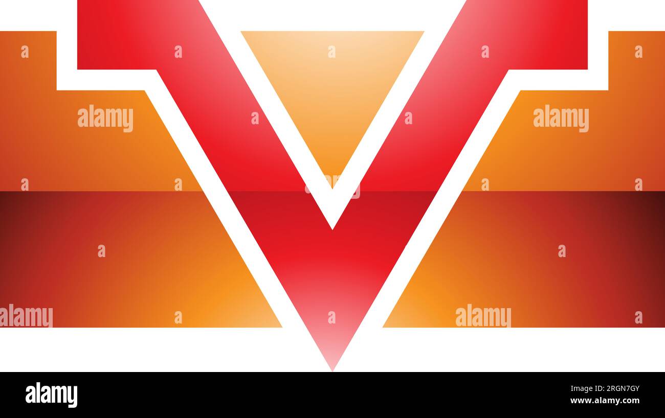 Icona a forma di V rettangolare lucida arancione e rosso su sfondo bianco Illustrazione Vettoriale